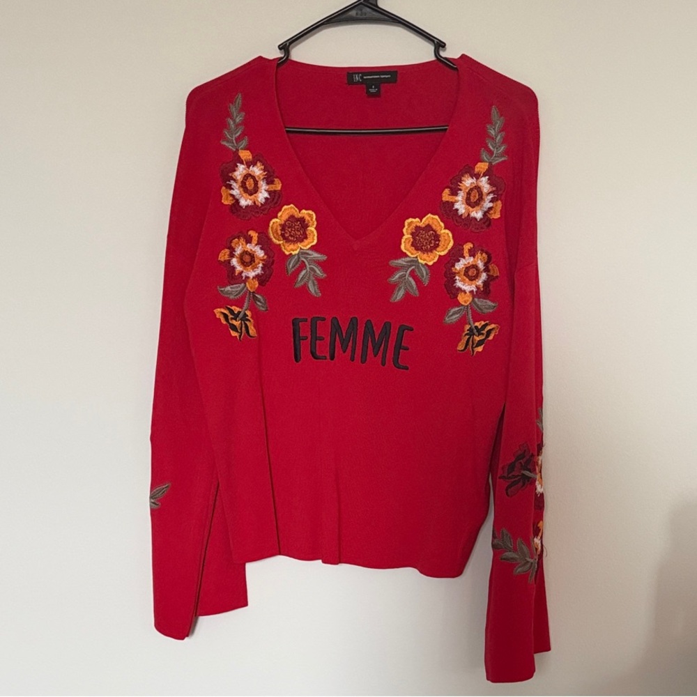 INC International Concepts Red Floral Long Sleeve Top